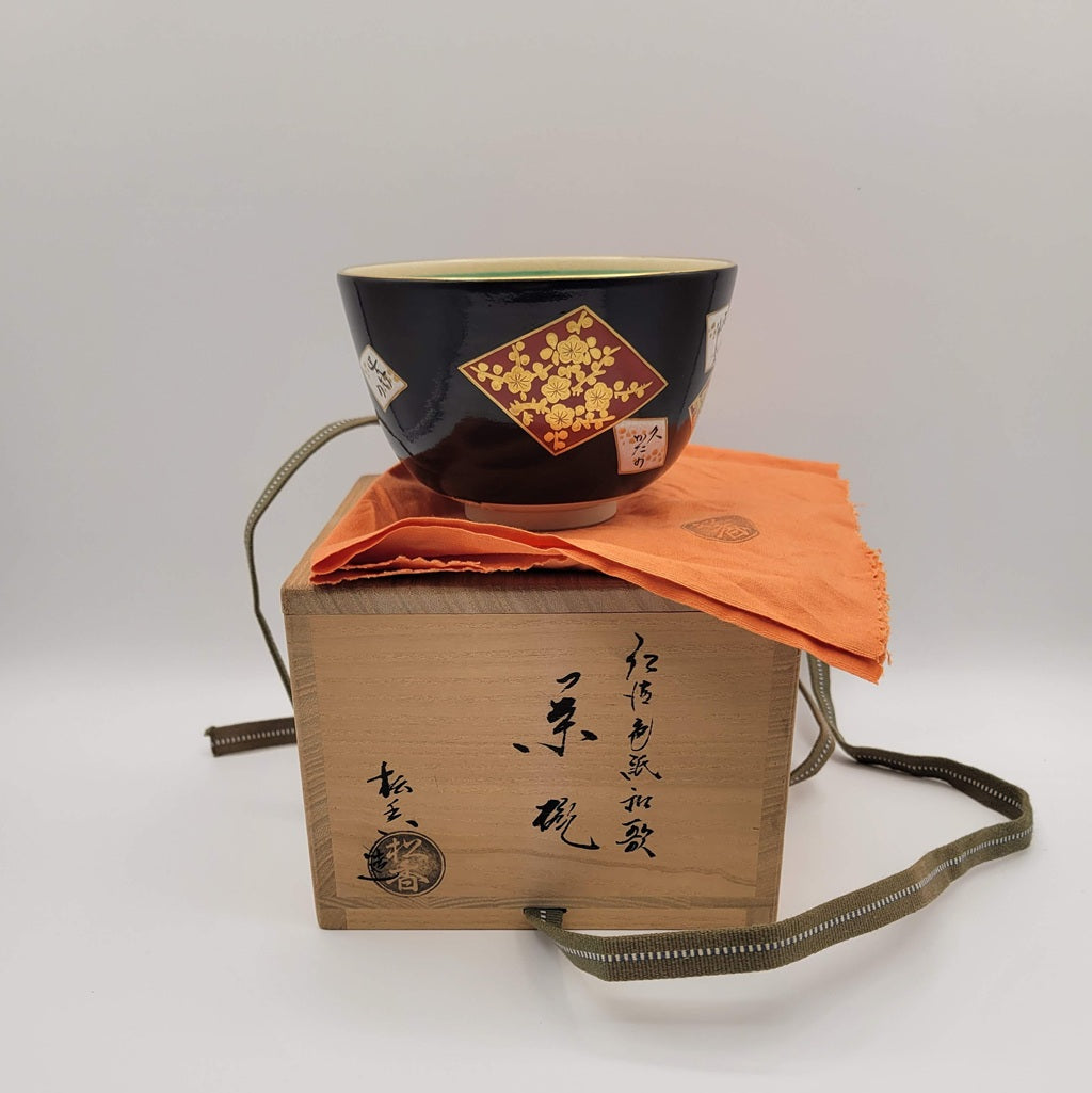 Bol à thé Kyōyaki « Ninsei Shikishi Waka » 仁清色紙和歌 Kato Shōka